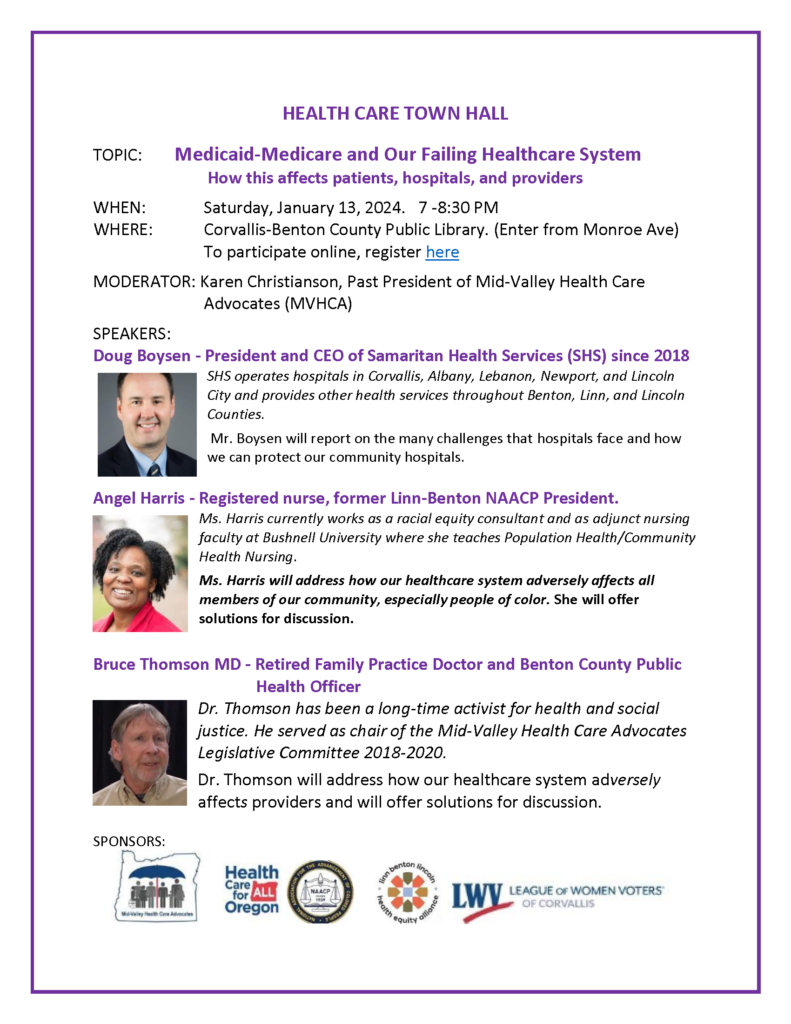 an image of the flyer created for the health care town hall event with all the info about the event same as can be found on the calendar item for this event.